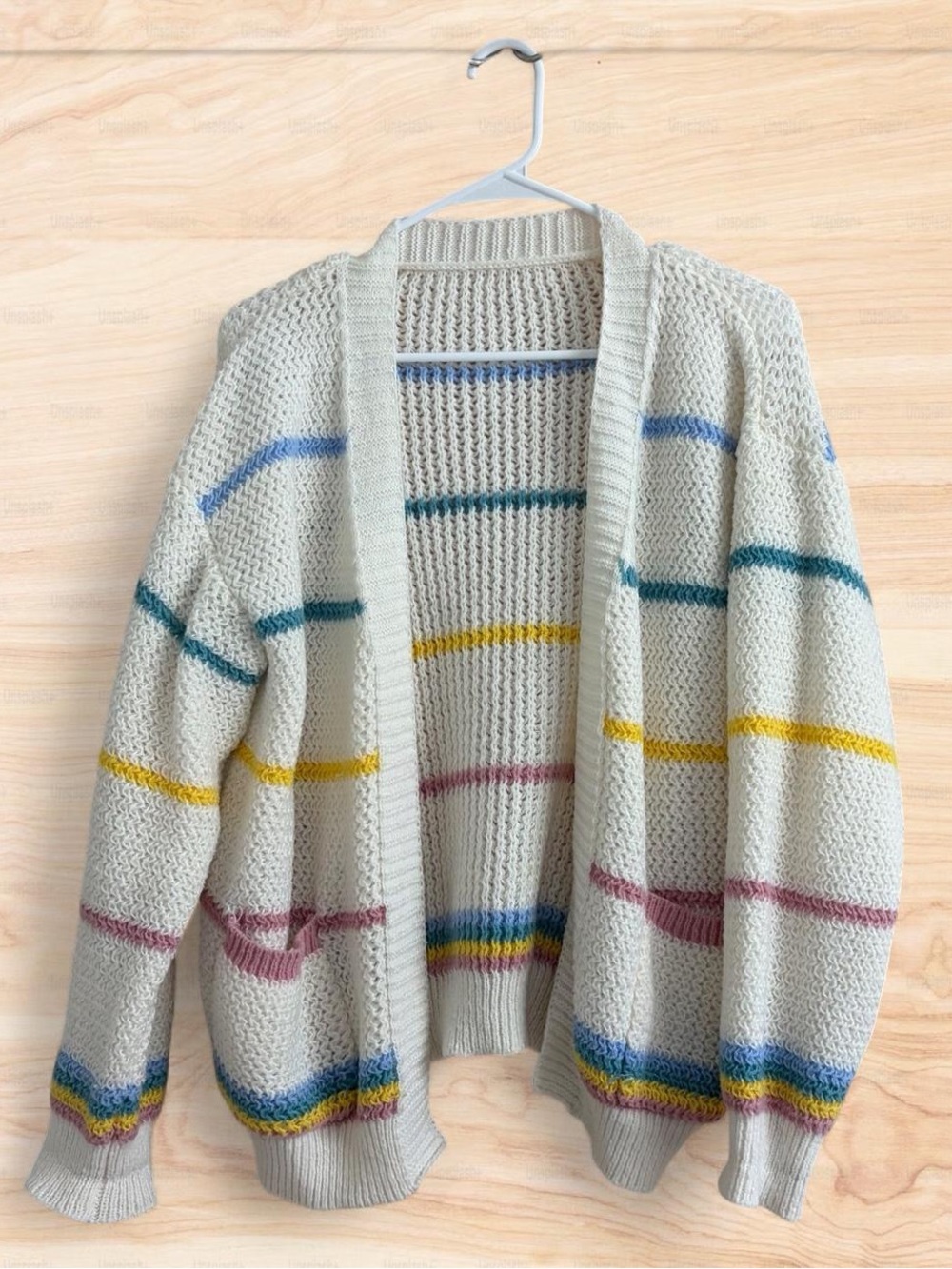 SHEIN Women’s Cream Open-Front Knit Cardigan with Multicolor Stripe, small